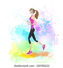 sport woman run with fitness tracker on wrist girl runner jogging over paint splash background training vector illustration