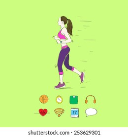 sport woman run with fitness tracker on wrist girl runner jogging training vector illustration