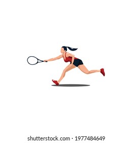 sport woman run and swing his tennis racket horizontally to reach the ball - tennis athlete run and forehand swing cartoon isolated on white