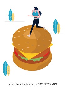 Sport woman running on big hamburger. Calorie weight burden concept. flat design vector illustration