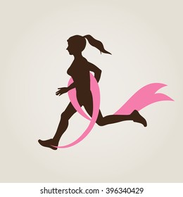 Sport Woman Running Pink Ribbon Breast Cancer Awareness Jogging Female Flat Vector Illustration