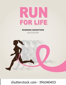 Sport Woman Running Pink Ribbon Breast Cancer Awareness Jogging Female Flat Vector Illustration