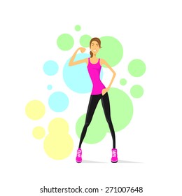Sport Woman Showing Bicep Muscles Over Colorful Background, Vector Illustration