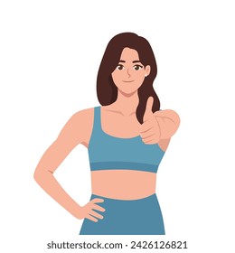 Sport woman showing thumb up gesture. Flat vector illustration isolated on white background