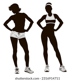 sport woman silhouettes in fitness attire standing on white background