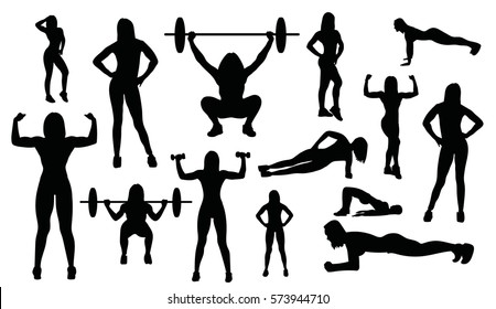 Sport Woman Silhouettes Isolated On White Background. Vector Gym Silhouette.