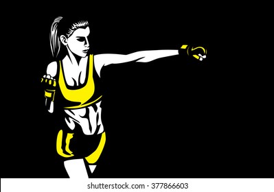 Sport woman in sportswear punching on dark background