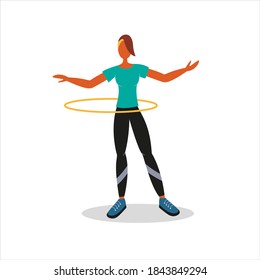 Sport woman twists hula hoop. Flat vector isolated illustration. Woman action character. Home workouts.