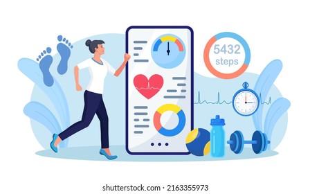 Sport woman using phone for counting steps. Step counter and pedometer activity app measurement. Person doing cardio training with heart beat monitoring device with daily footsteps information