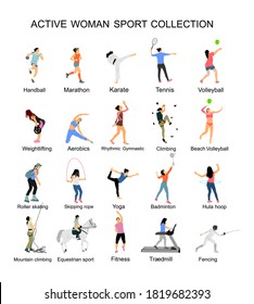 Sport woman vector collection in different sport discipline. Big set active sport people illustration. Girl athlete skills. Female health care concept. Training and work out lady in gym or outdoor.