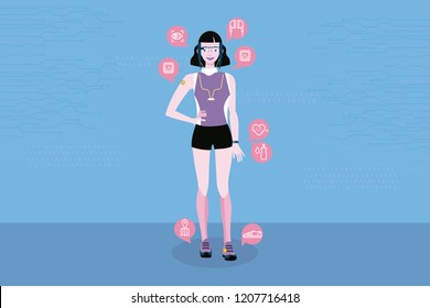 Sport woman wearing wearable smart devices technology. Line icons of wearable technology. Internet of things.
