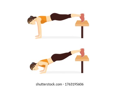 Sport Women do the Decline push ups with Feet on bench for exercise. Illustration about Workout at home. Fitness at the gym.