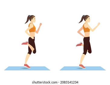 Sport women doing Butt Kicks Exercise in 2 steps. Cartoon Illustration about workout diagram.