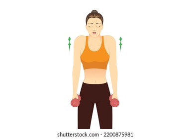 Sport Women doing Dumbbell Shrug exercsie by lifting shoulders up and down while holding red Dumbbells in her hand. Close up.