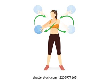 Sport women doing exercise by medicine ball figure 8 pose. Swing the ball left and right in the direction that likes drawing a number 8 shape.