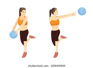 Sport women doing Exercise by Medicine Ball Rotational Passes Workout. Work out to reduce belly with light gym equipment.