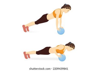 Sport women doing Exercise by Push up Medicine Ball Exercise. Start by plank posture and put your hands on the Med ball.