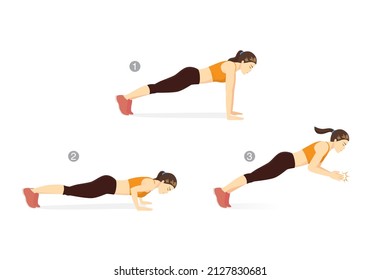 Sport Women Doing Exercise With Clapping Push Up Posture Start With Plank And End With A Clap In Midair. Workout Poses For Cardio.