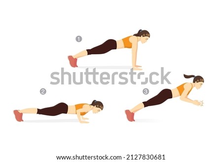 Sport women doing exercise with Clapping Push Up posture start with plank and end with a clap in midair. Workout poses for Cardio.