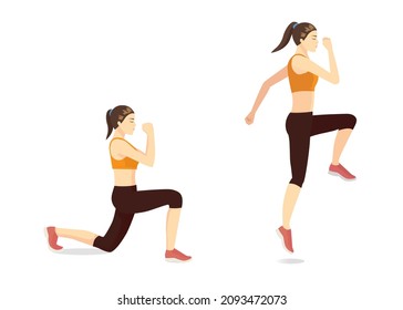 Mujeres deportivas haciendo ejercicio con el impulso de rodilla alta para revertir la postura del pulmón. Ilustración sobre ejercicios cardiovasculares puede hacerse en la sala de estar.