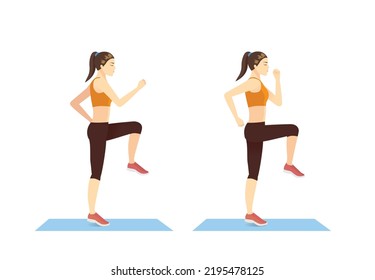 Sport Women Doing Exercise With High Knee Posture. Illustration About Cardio Exercises At Leg Muscles And Joints.