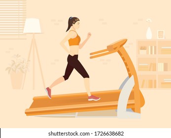 Sport women doing exercise with running on treadmill workout. in the living room. Illustration of the New normal about fitness at home with jogging.