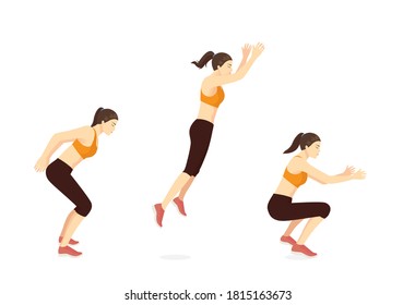 Sport women doing exercise in standing long jumping postures. Illustration about step by step of fitness pose for good exercise.