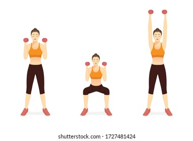 Deportivas mujeres haciendo ejercicio físico con el puesto de dumbbell y ejercicio de prensa superior en 3 pasos. Diagrama de Cómo facilitar el entrenamiento Fitness dirigido a los músculos de los brazos, hombros, cuatriciclos y glúteos.