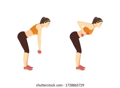 Sport Women doing Fitness with Dumbbell by Deadlift Back Row pose in 2 steps. How to Build Muscle and Boost metabolism with  Weighted Workout.