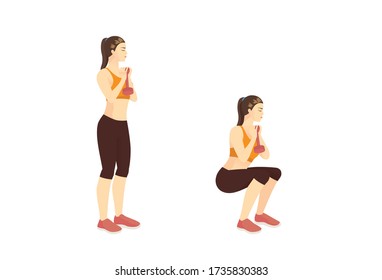 Sport Women Doing Fitness With Narrow-Stance Goblet Squat While Dumbbell Vertically In Front Of The Chest In 2 Steps. Illustration About Correct Exercise Training.