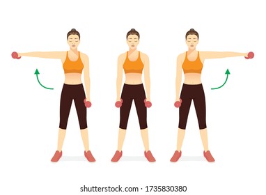 Sport Women doing Fitness with side dumbbell raise in left and right arm. Cheat Lateral Dumbbell Raise. Exercise diagram to build shoulder and arm muscles with Weighted Workout.