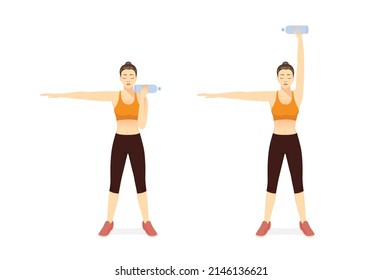 Sport Women doing Fitness in Single Arm Overhead Press posture with water bottle dumbbell in 2 steps. Quick and easy exercise target to Arms muscles with equipment at home.