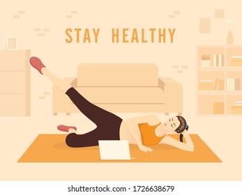 Sport Women doing leg raising exercise follow the video from a laptop in the living room. Illustration about the New normal, home fitness for health and safety.