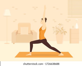 Sport Women doing yoga pose in Warrior Pose in the living room. Illustration of the New normal about fitness at home for health and Practice meditation.