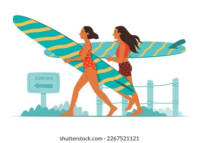 Sport Women Holding Surfboard and Walking on Beach for Summer Outdoor Pursuits Concept Illustration