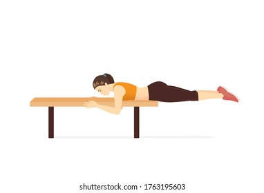 Sport women Lie face down on a bench and extend both legs parallel to the ground Hold. Exercise pose called Reverse Hip Raise.