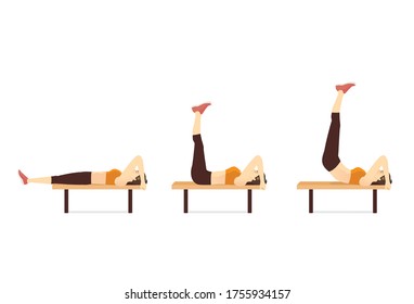 Sport women Lying Leg Raise With Hip Thrust on bench for exercise. Workout diagram in 3 steps with character cartoon.