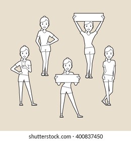 Sport women. silhouettes set. Line art.  A character in various poses.