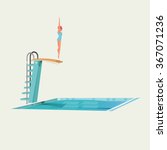 sport women standing on diving board, preparing to jump and dive - vector illustration