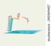 sport women standing on diving board, preparing to jump and dive - vector illustration