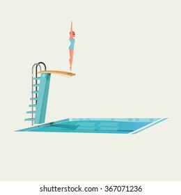 sport women standing on diving board, preparing to jump and dive - vector illustration