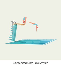 sport women standing on diving board, preparing to jump and dive - vector illustration