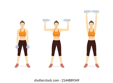 Sport Frauen, die Wasserflasche mit Biceps Curl zu Shoulder Press Position. Illustration über schnelle und einfache Bewegung mit Ausrüstung zu Hause.