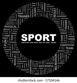 SPORT. Word collage on black background. Vector illustration.