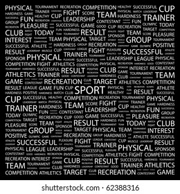 SPORT. Word collage on black background. Illustration with different association terms.