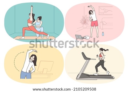 Sport at work and gym concept. Set of young women making exercises stretching jogging and practicing yoga workouts in office at home and in gym vector illustration 
