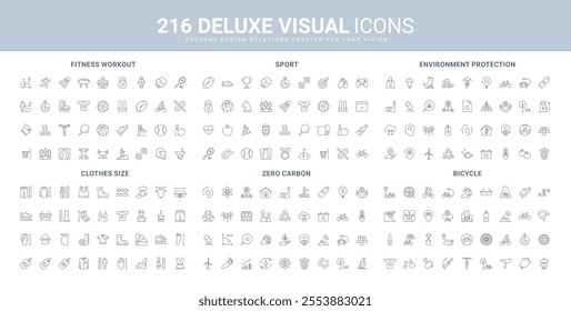 Sport workout, active healthy exercises and run, bike parts and tools line icon set. Carbon neutral and net zero technology of environmental protection thin black outline symbols vector illustration