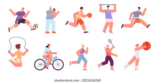 Sport workout characters. Male jogging, sports exercises doing. Badminton player, fitness training people. Running woman utter vector collection