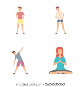 Sport workout icons set cartoon vector. Teenager doing physical exercise. Fitness or physical training