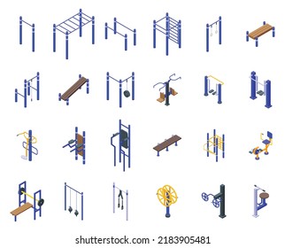 Sport workout on the street icons set isometric vector. Active training. Street gym